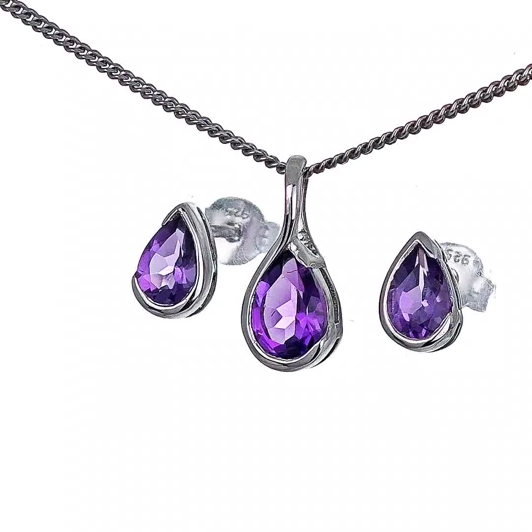 アメジストネックレス スタッドイヤリングセット スターリングシルバー