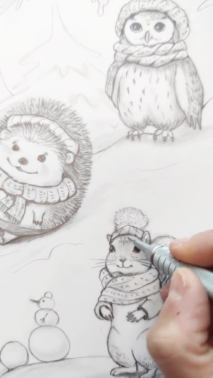 Grayscale Coloring Page, Fairytale Animals: Fox, Bunny, Hedgehog, Owl,  Squirrel. Winter Games. Furry Friends on Frosty Hills, image size:720x1280