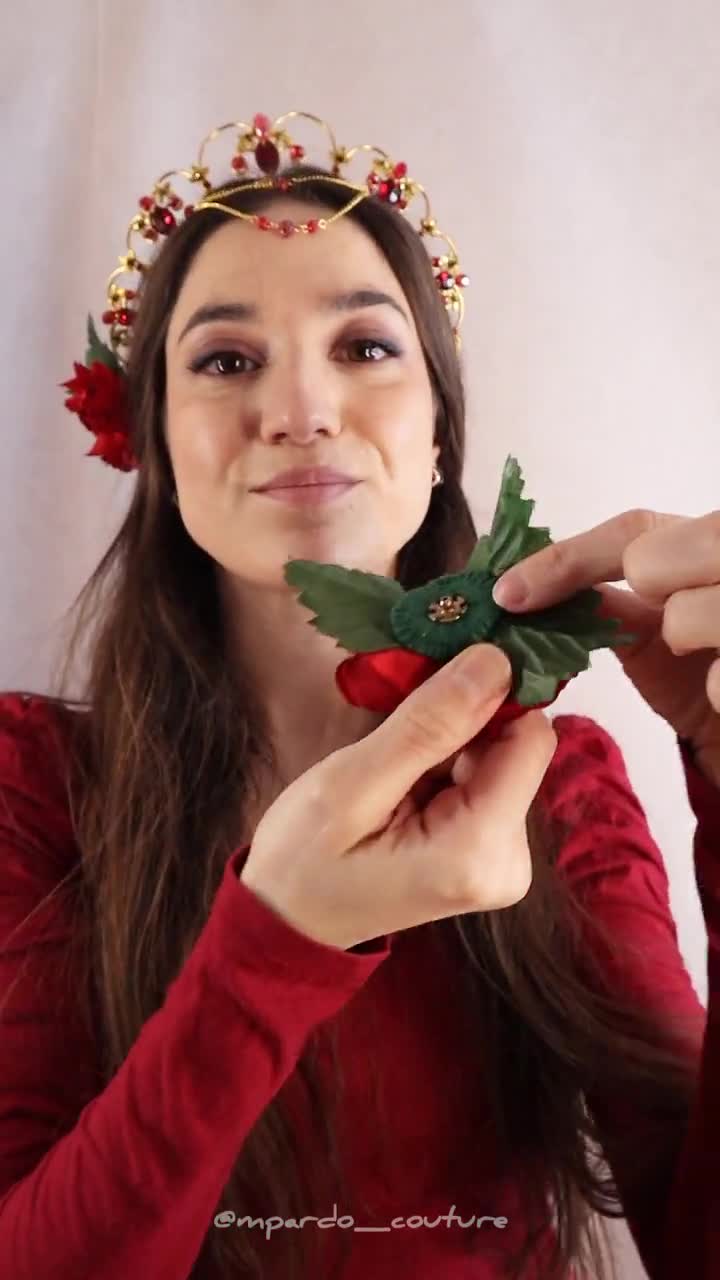 Crown SARAH - Gold Wires & Filigrees, Red Rhinestones, Detachable