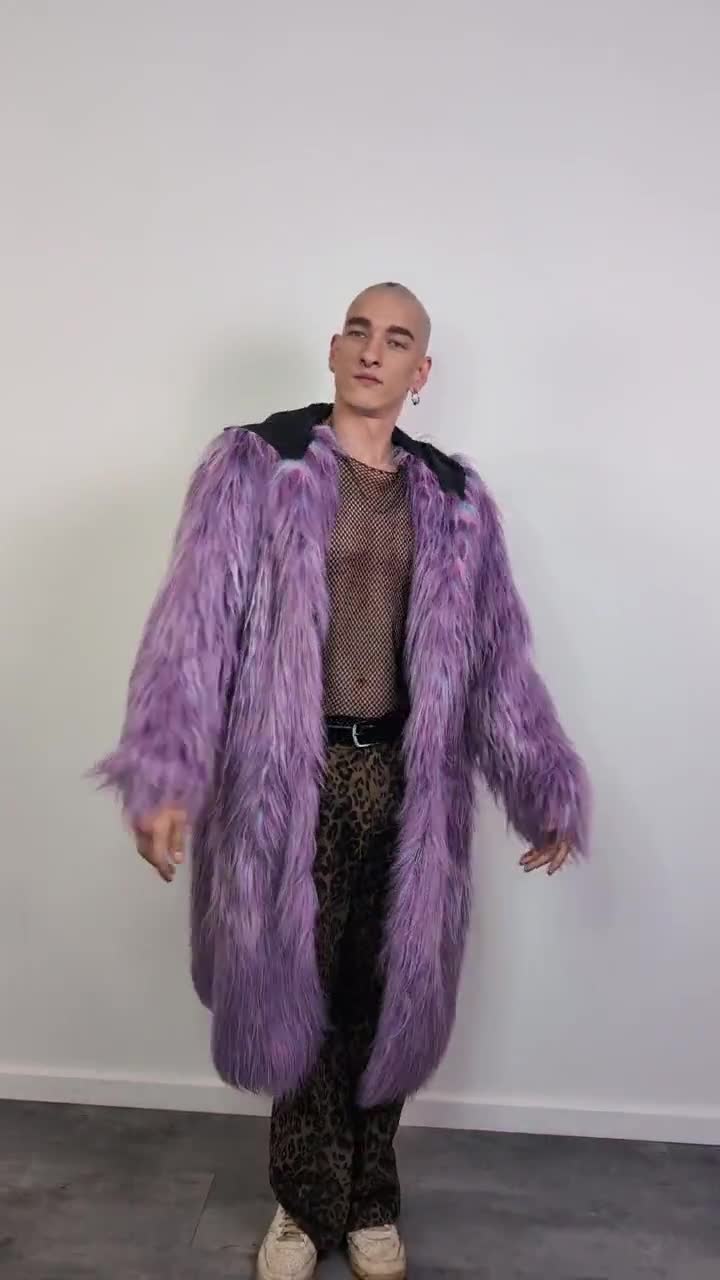 Shaggy Purple Haze Faux Fur Coat, Psychedelic Lilac Trench, Long