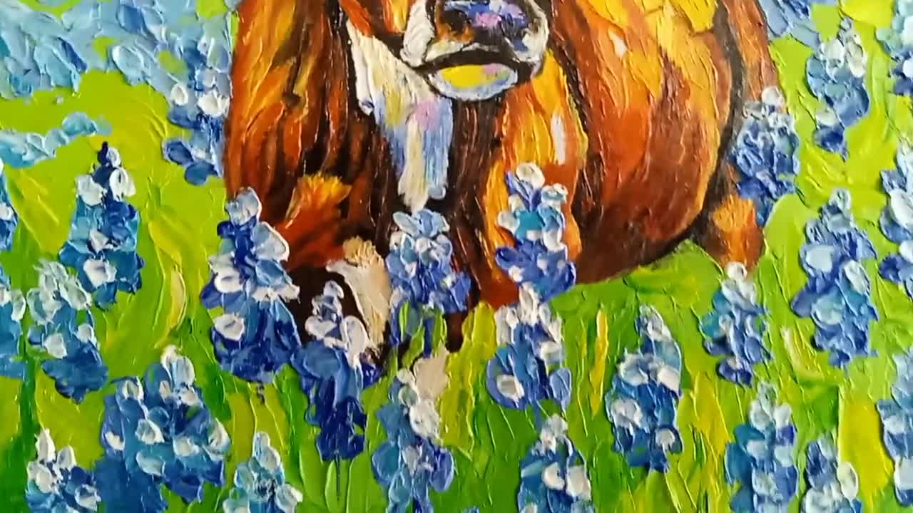 Longhorn Painting Bluebonnet Original Impasto Oil Texas Farmhouse