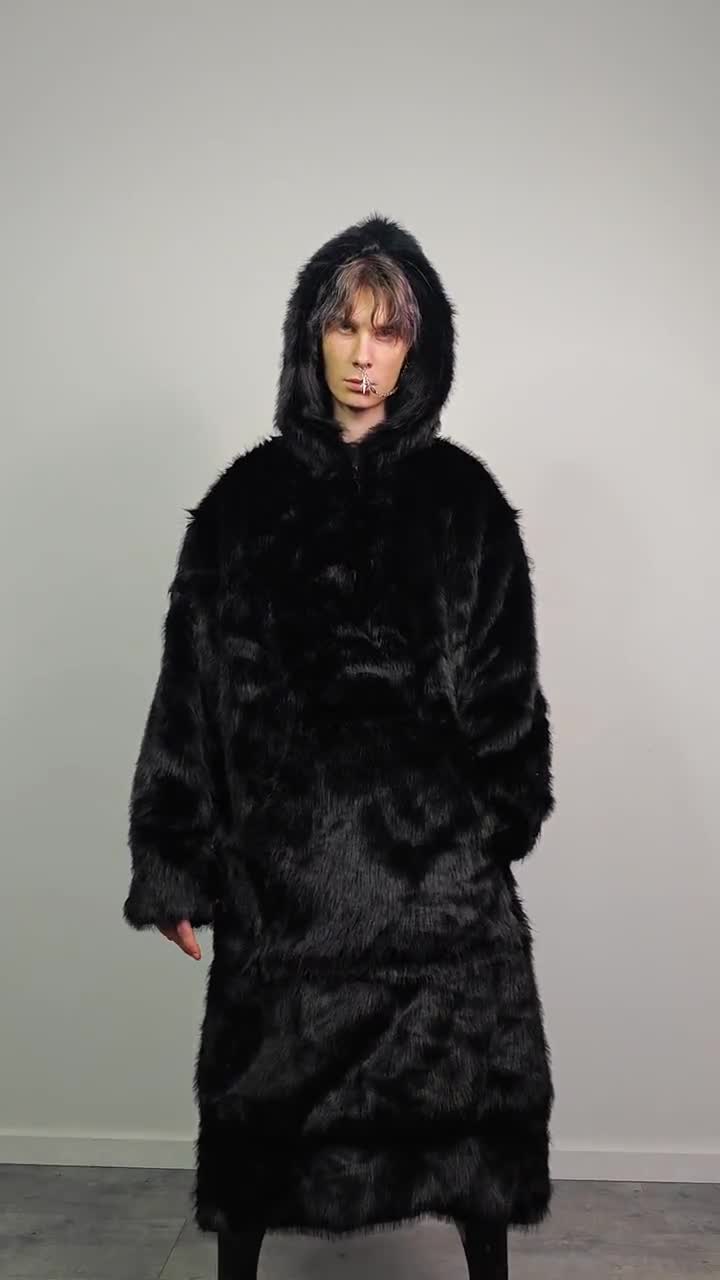 Extreme Black Faux Fur Coat Long Fluffy Half Zip Gothic Overcoat