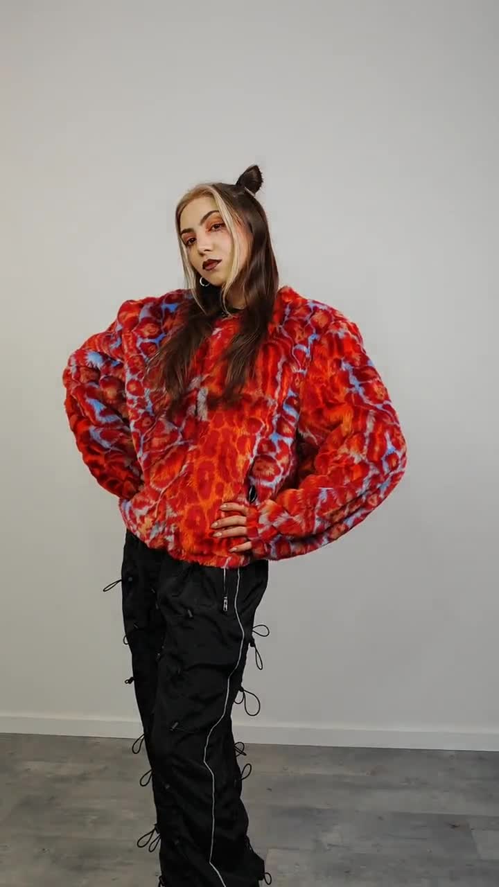 Red Leopard Faux Fur Coat Neon Animal Print Collarless Jacket 90s
