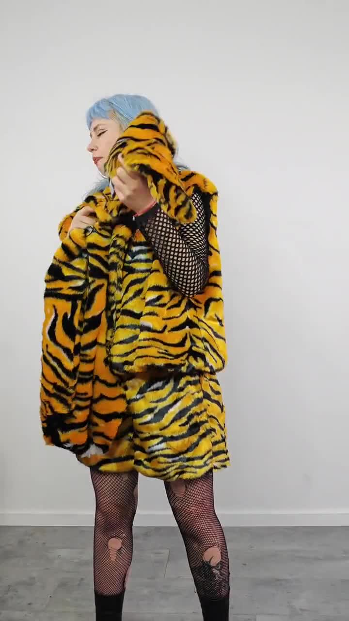Bengal Tiger Trench Faux Fur Cropped Coat Animal Pattern Burner