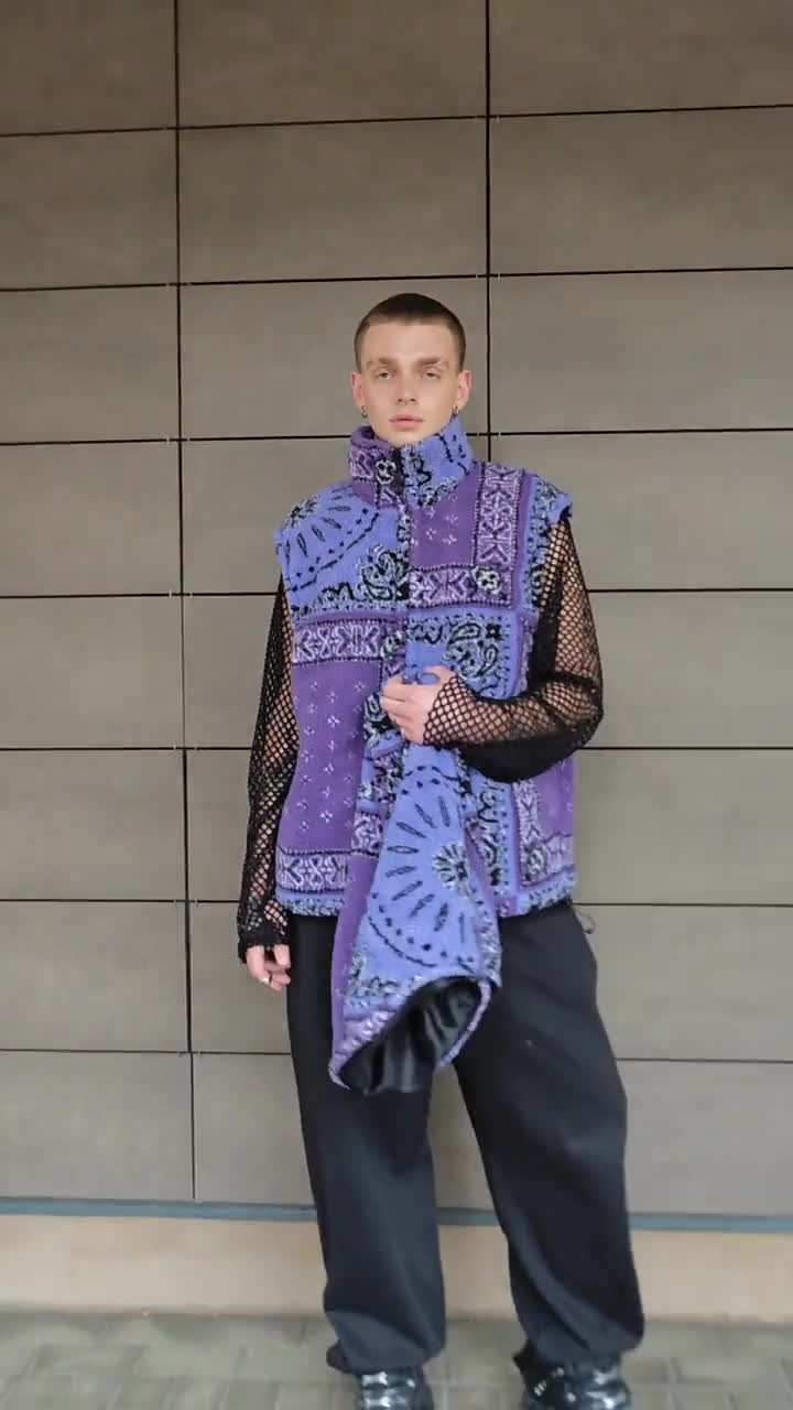 Bandana Track Jacket Purple Fleece Paisley Bomber Detachable