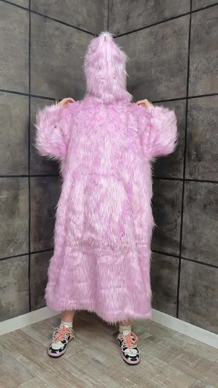 Shaggy Faux Fur Jumpsuit Pink White Oversize Hooded Coat Fluffy