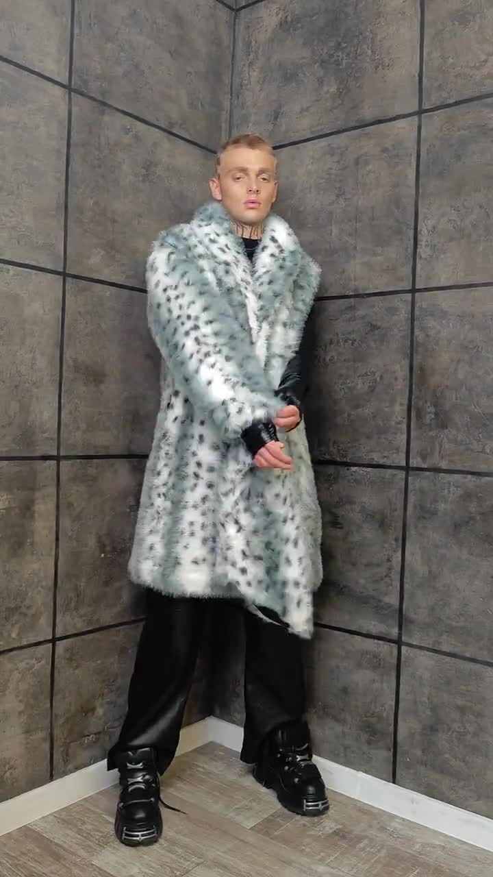 Bobcat Faux Fur Coat Gray White Luxury Fluffy Animal Print Trench