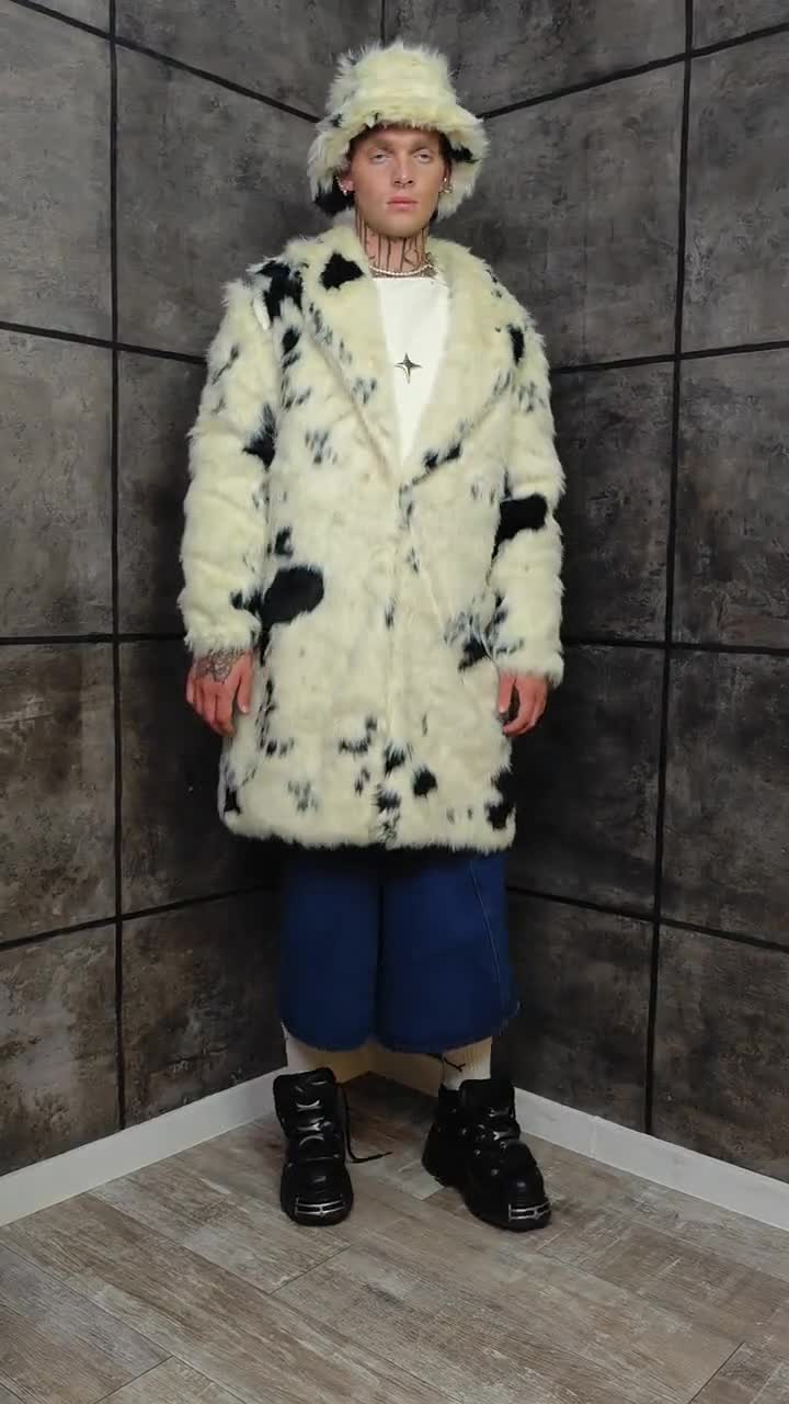 Dalmatian Print Faux Fur Coat Black White Spotted Trench Luxury