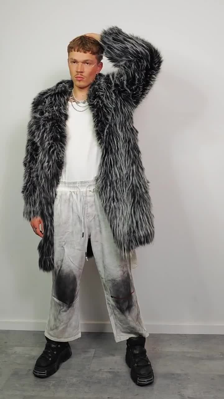 Luxury Shaggy Faux Fur Coat Black White Oversize Fuzzy Trench