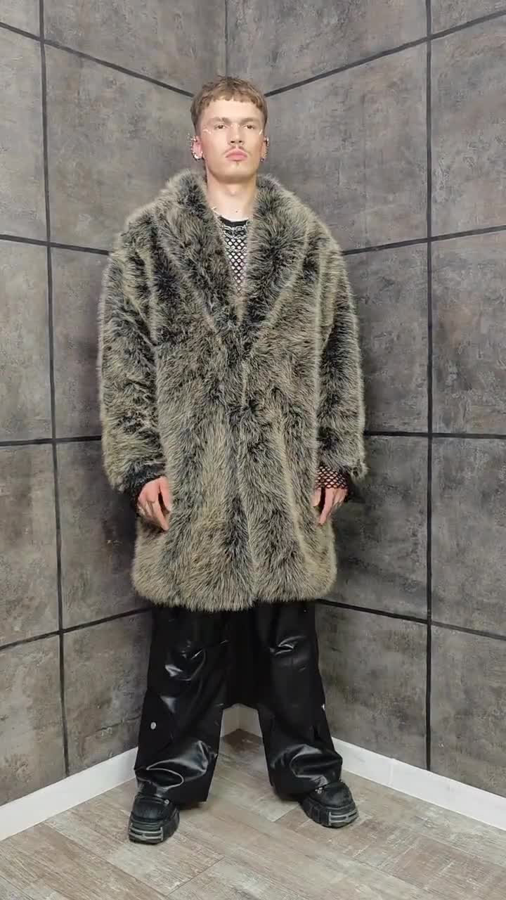 Luminous Black Gold Faux Fur Coat Shaggy Oversize Trench Unisex