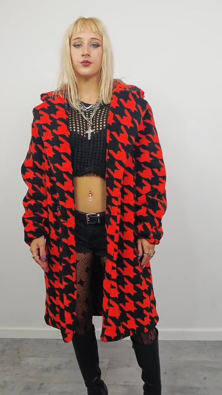 Oversized Red Black Plaid Check Trench Coat, Teddy Fleece