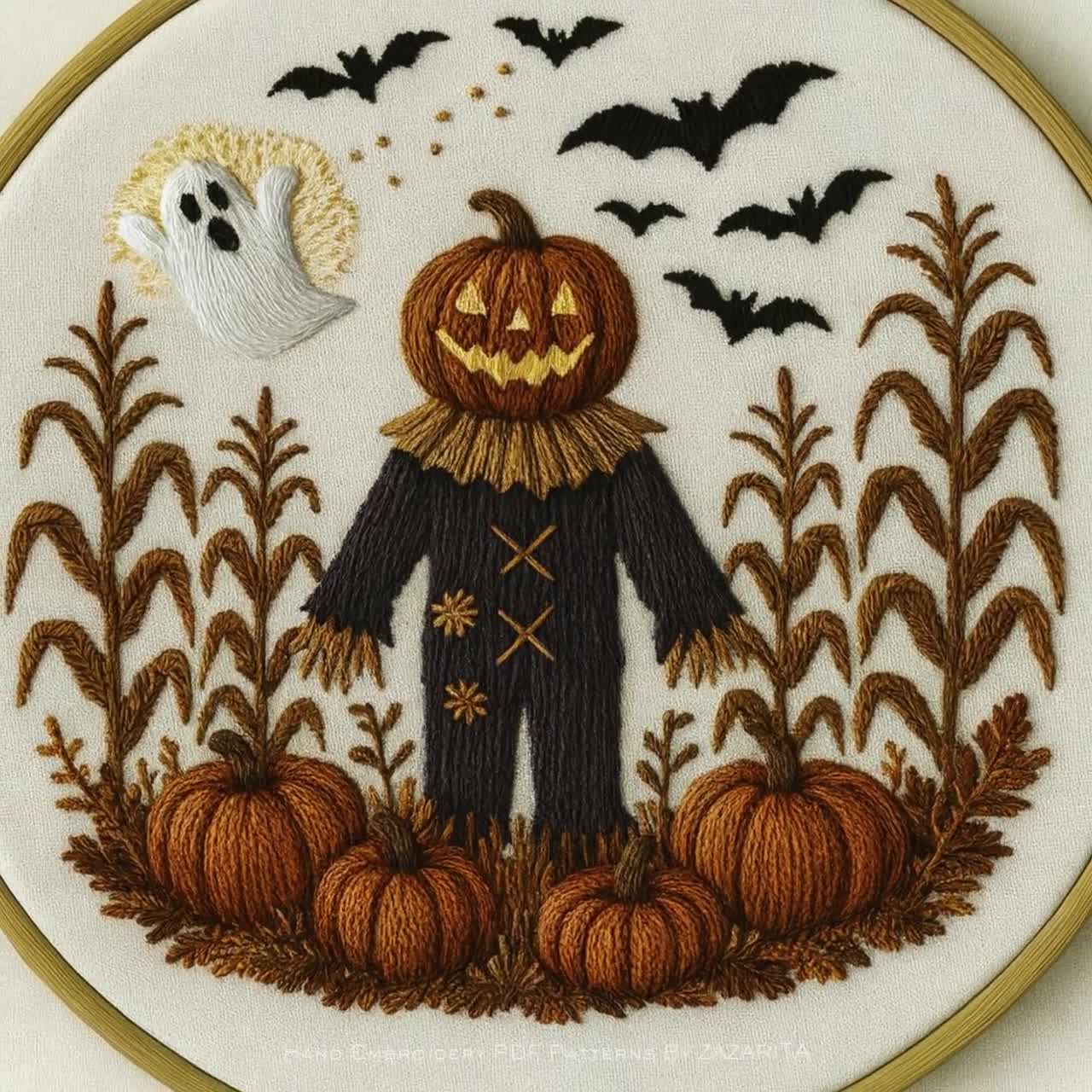 ハロウィンかかし刺繍パターン：カボチャ、幽霊、コウモリ（PDF