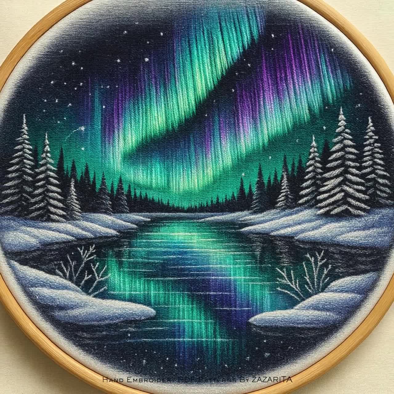 オーロラの手刺繍パターン | PDF DMCカラーを使用したモダンな風景画