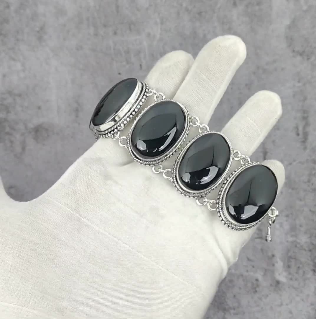 ブラックオニキス スターリングシルバーブレスレット：手作りの調節