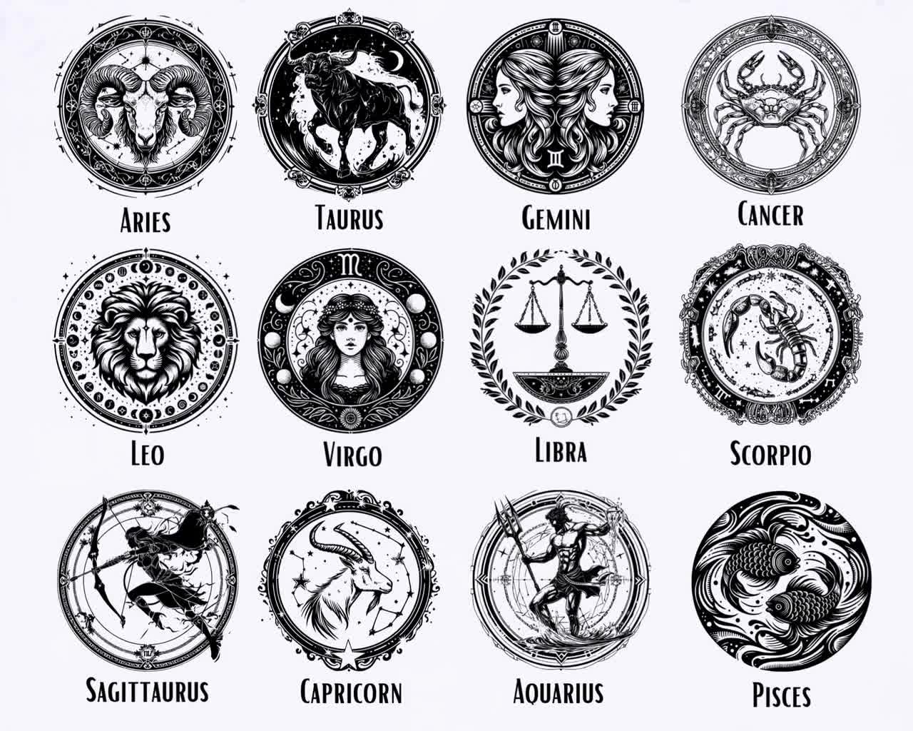 All 12 Zodiac Sign BUNDLE SVG, Zodiac Sign Clipart, Birth Zodiac