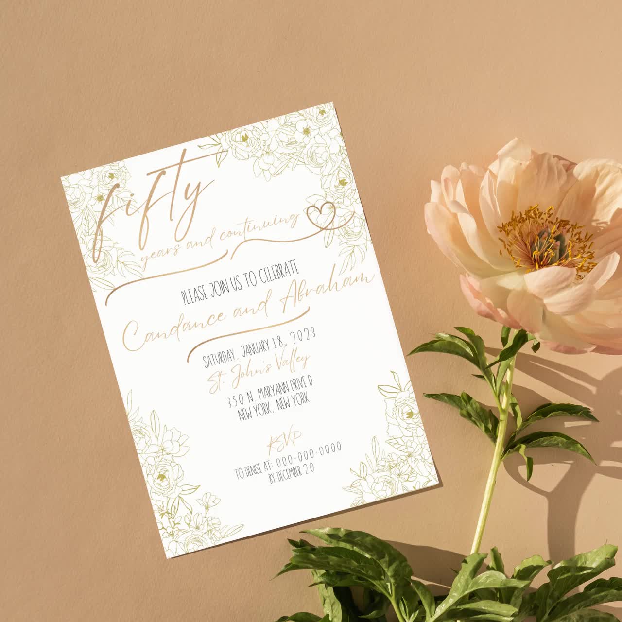 50th wedding anniversary invitation, Golden Wedding, Anniversary Invites,  FREE courtesy Envelopes with Purchase. Starts with a pack of 50