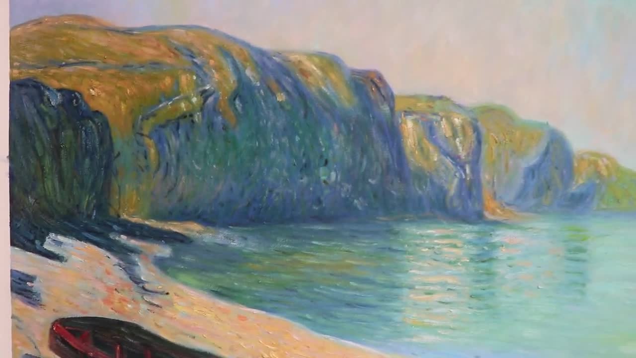 プルヴィルの浜辺のボート、干潮 - クロード・モネの手描き油絵複製