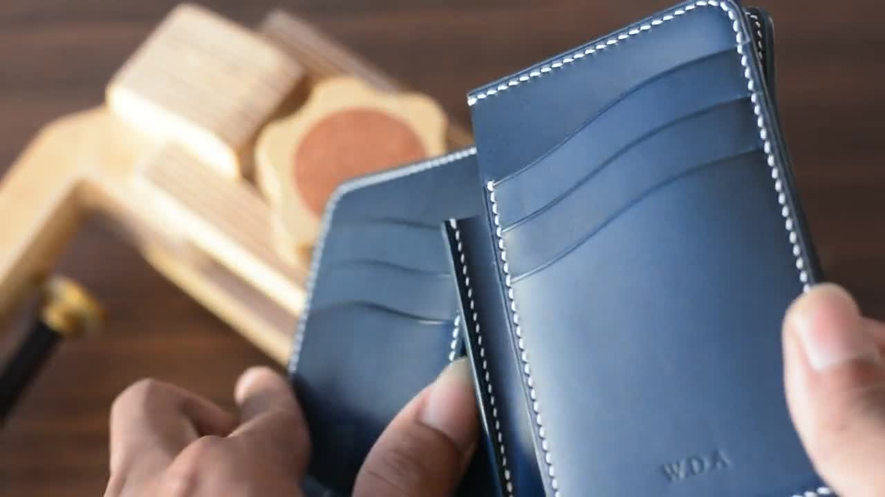 Black Shell Cordovan and Navy Blue Buttero Leather Middle Wallet