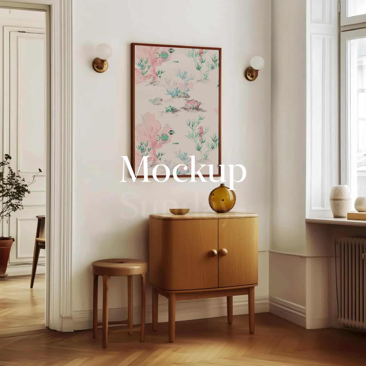 Mid Century Modern Frame Mockup: 2x3 Ratio, Retro Home Decor (PSD Template), image size:1280x1280