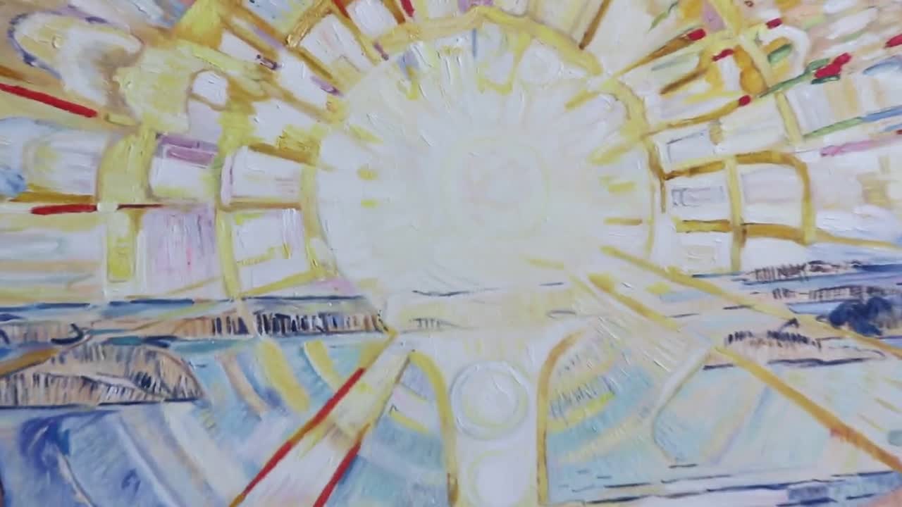 太陽 - エドヴァルド・ムンクの手描きの油絵の複製、太陽に覆われた空