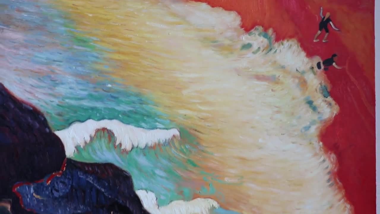 The Wave - Paul Gauguin hand-painted oil painting replica, surging, foamy  surf, black lichen-covered rocks, figures playing on red seashore, image size:1280x720