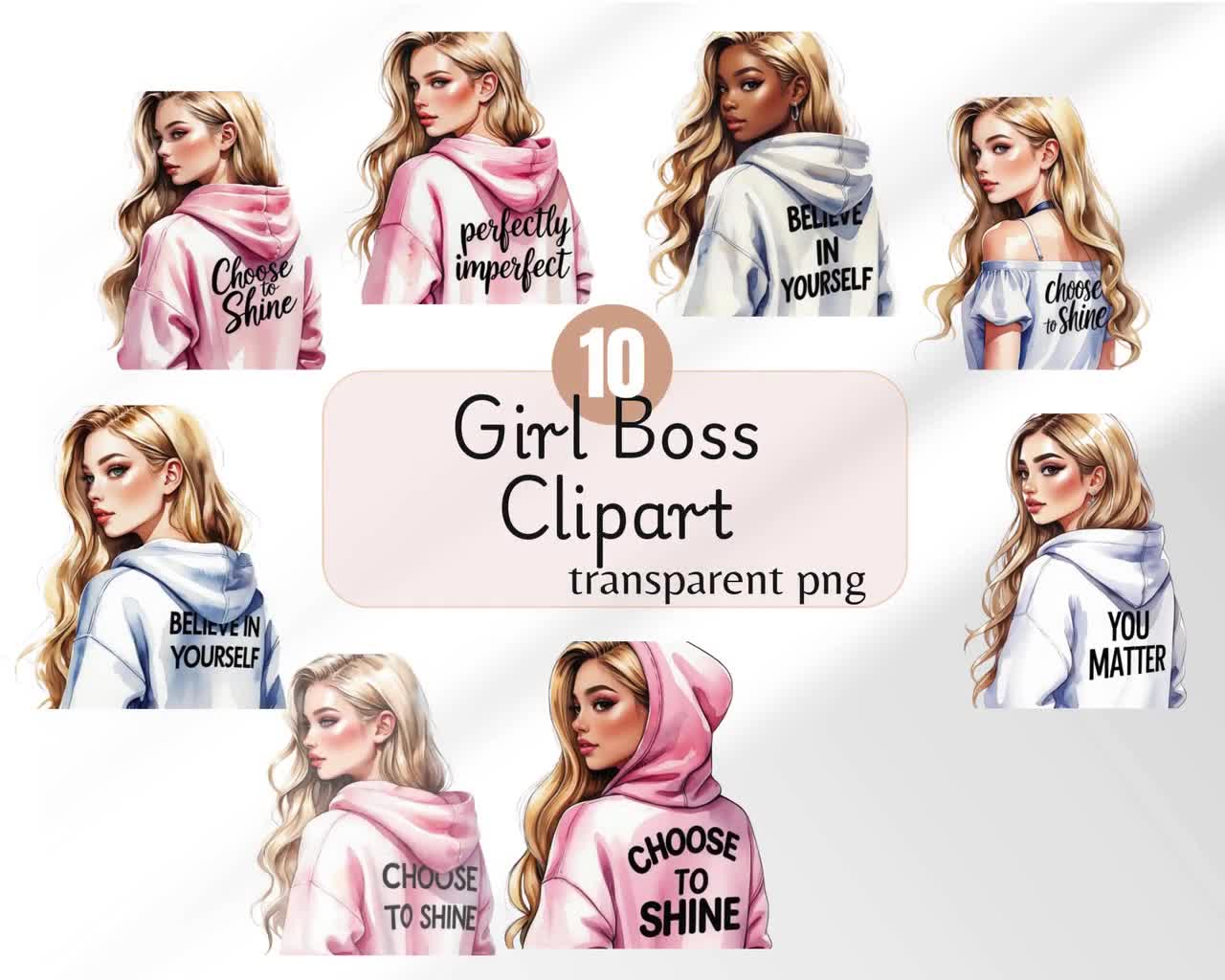 Girl Boss Clipart Set: Watercolor Hoodies, Quotes (Digital Stickers PNGs), image size:1280x1024