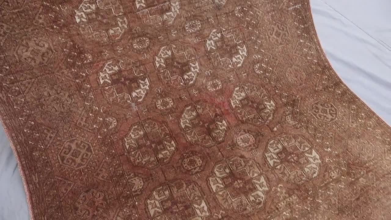 1920s Antique Brown Rug 4x7 ft Afghan Bukhara Rug, Low Pile Handmade Wool Rug, Oriental Faded Rug, Turkmen Tribal Area Rug for Living Room video poster