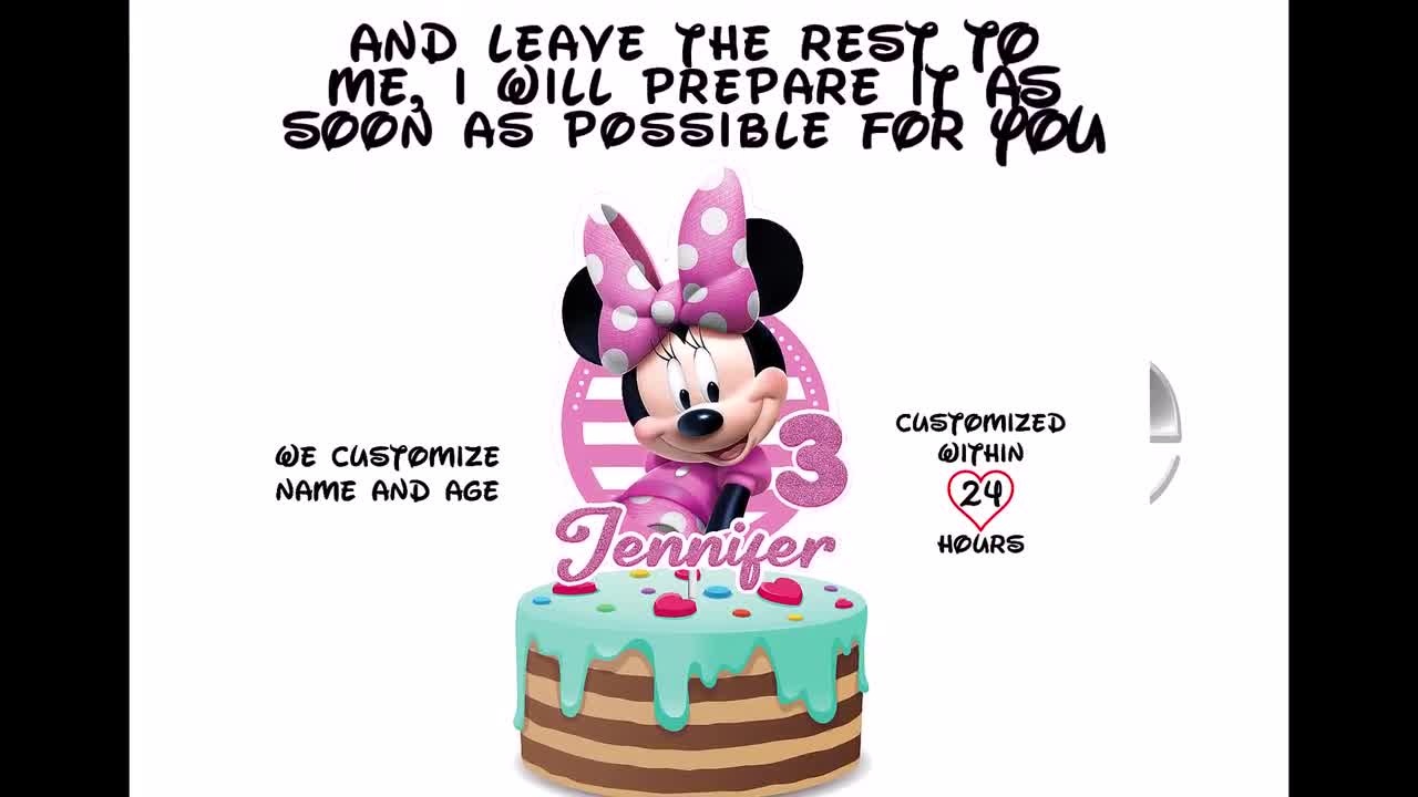 Personalized Minnie Mouse Cake Topper, Pink Minnie Birthday Cake Topper 