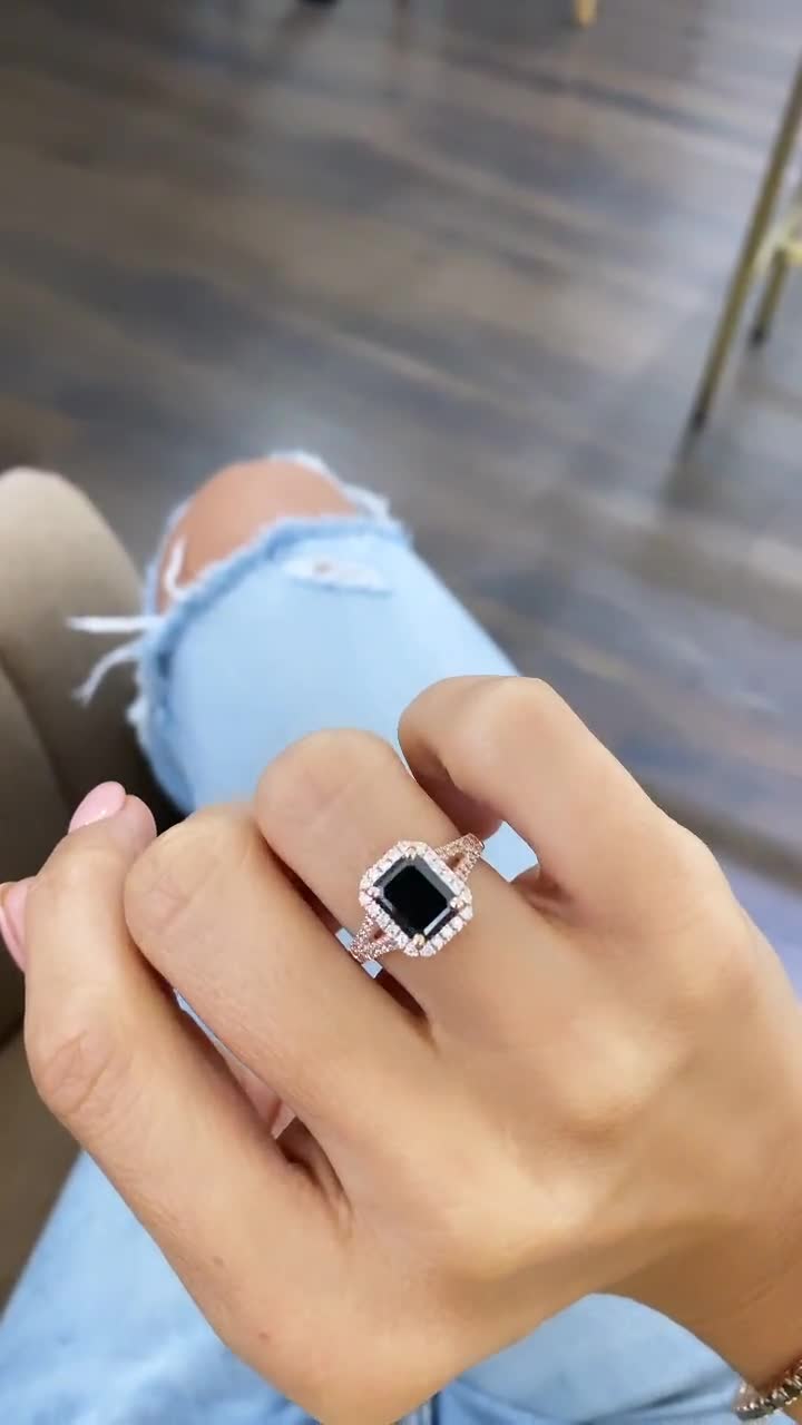 3.6 Emerald Cut Black Diamond Ring, Black Diamond Halo Engagement Ring 14K  Rose/yellow/white Gold With White Diamonds Split Shank and Halo 