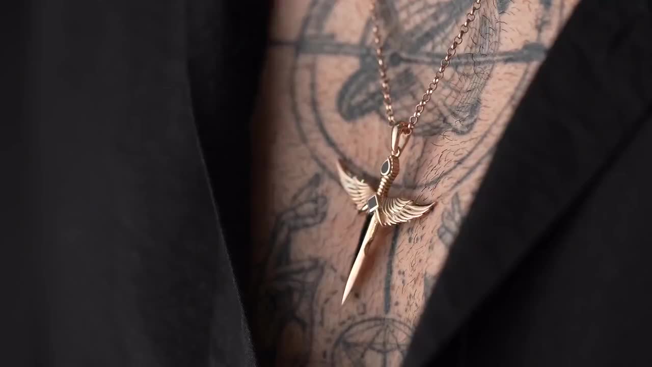 925 Sterling Silver Winged Sword Necklace for Man, Enamel