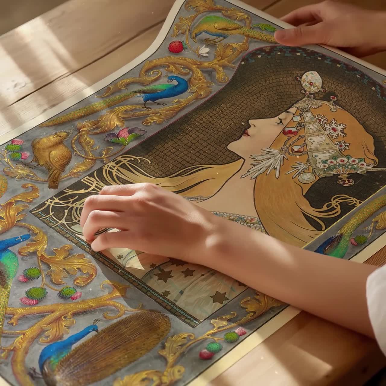 Alphonse Mucha Art Nouveau Woman in Ornate Vintage Filigree Border