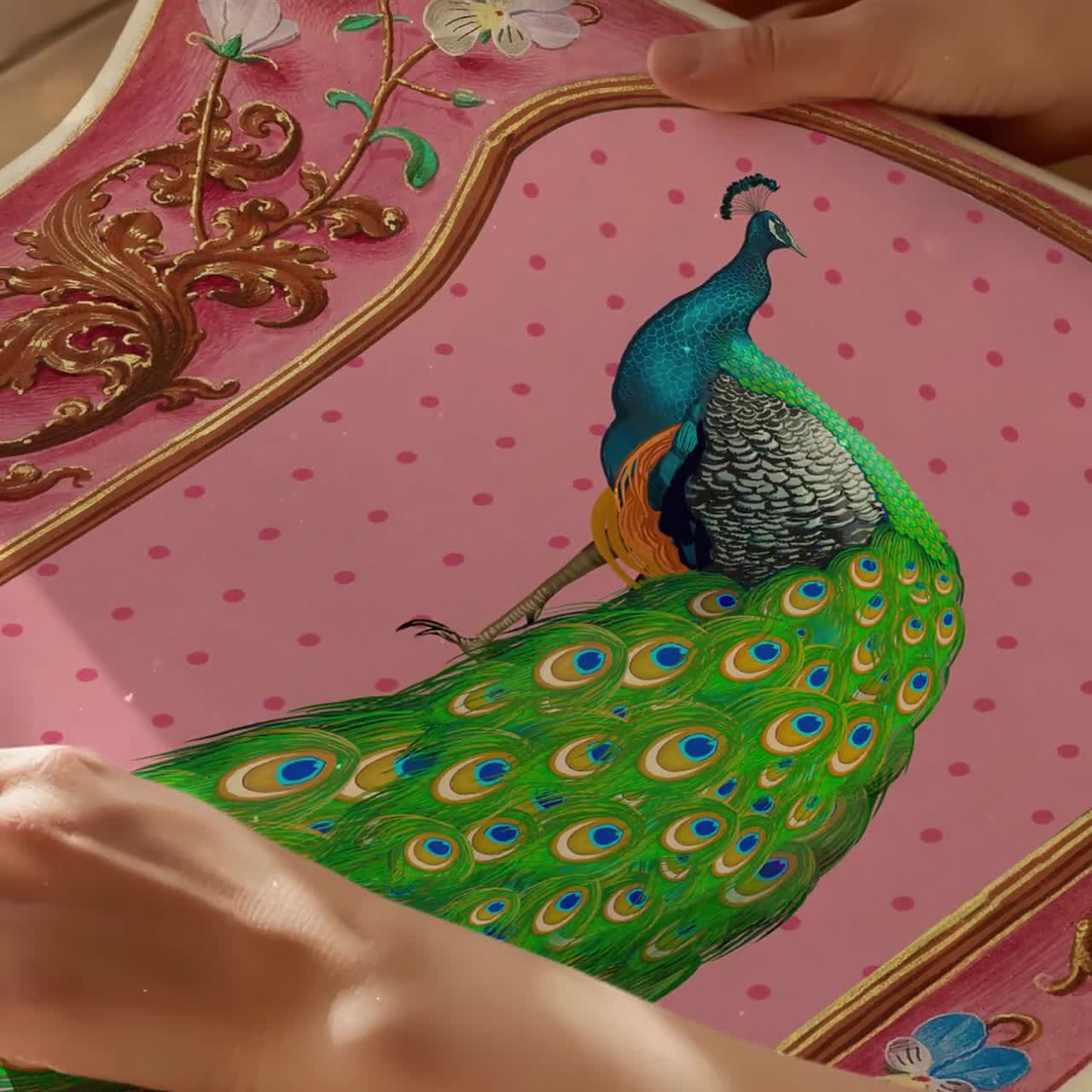 Peacock on Pink Color With Polka Dots in Ornate Vintage Floral