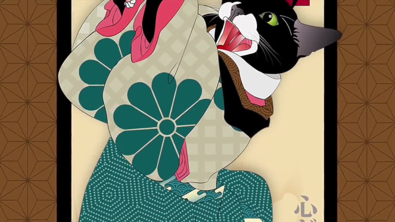 Home Is Where The Heart Is, Metal Print Wall Art Cat Print Original Art, Japanese Kimono, Cat Tales, kitten, ukiyo-e, motherhood, fatherhood video poster