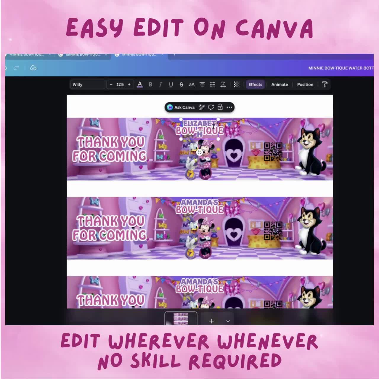 Etykieta na butelkę wody z kokardką Myszki Minnie na przyjęcie urodzinowe dla dzieci mb1 video poster