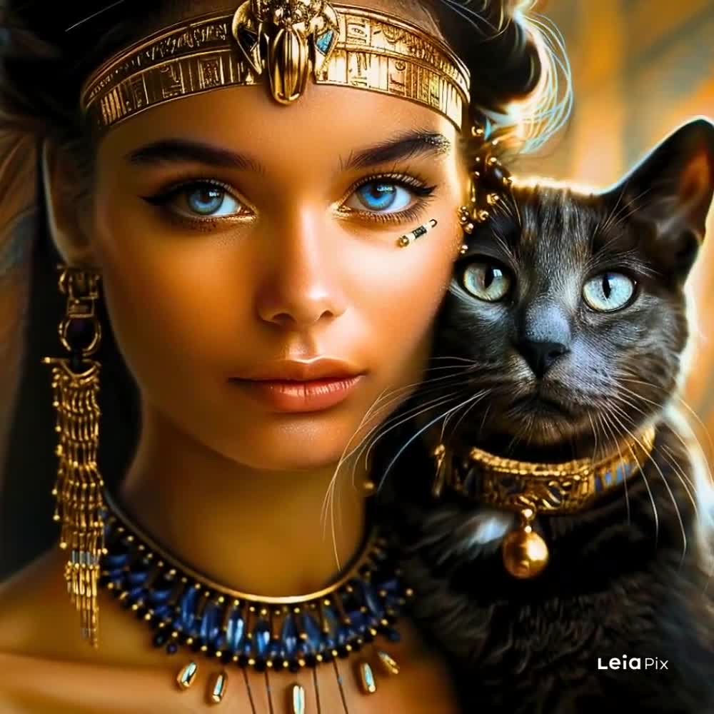 Sparkle of Ancient Egypt: Cleopatra and the Gold-Adorned Egyptian Cat -  High Definition Digital Art 19.74mb