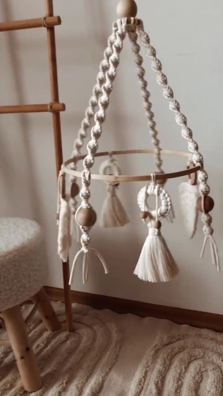 Macrame Baby Mobile, Mobile Bebe, Baby Crib Mobile, Hanging Nursery Mobile  With Wooden Beads and Macrame Feathers, Expecting Mom Gift 
