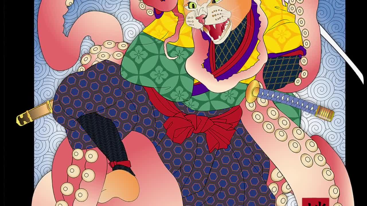 ALLEGORY, Metal Print, Wall Art, Cats Print, Kimono, Samurai, Octopus, Original Art Print, Cat Tales, Ario Maru, folktales, Japanese culture video poster