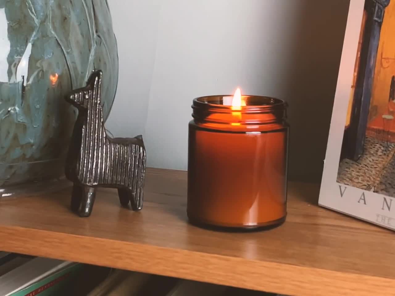 Teakwood and Tobacco Scented Beeswax Candles in Amber Glass, Fall