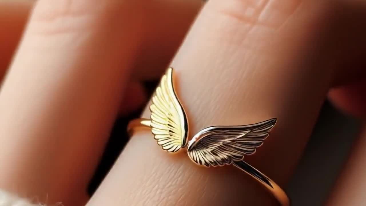 Angel Wings Ring Yellow Gold Minimalist Angel Ring Gold Angel Wings Jewelry Dainty Angel Ring Solid Gold Ring Gold White Gold Rose Gold video poster