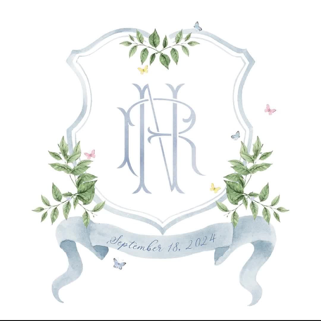 Dark and Light Blue and White Wedding Crest Blue Watercolor 