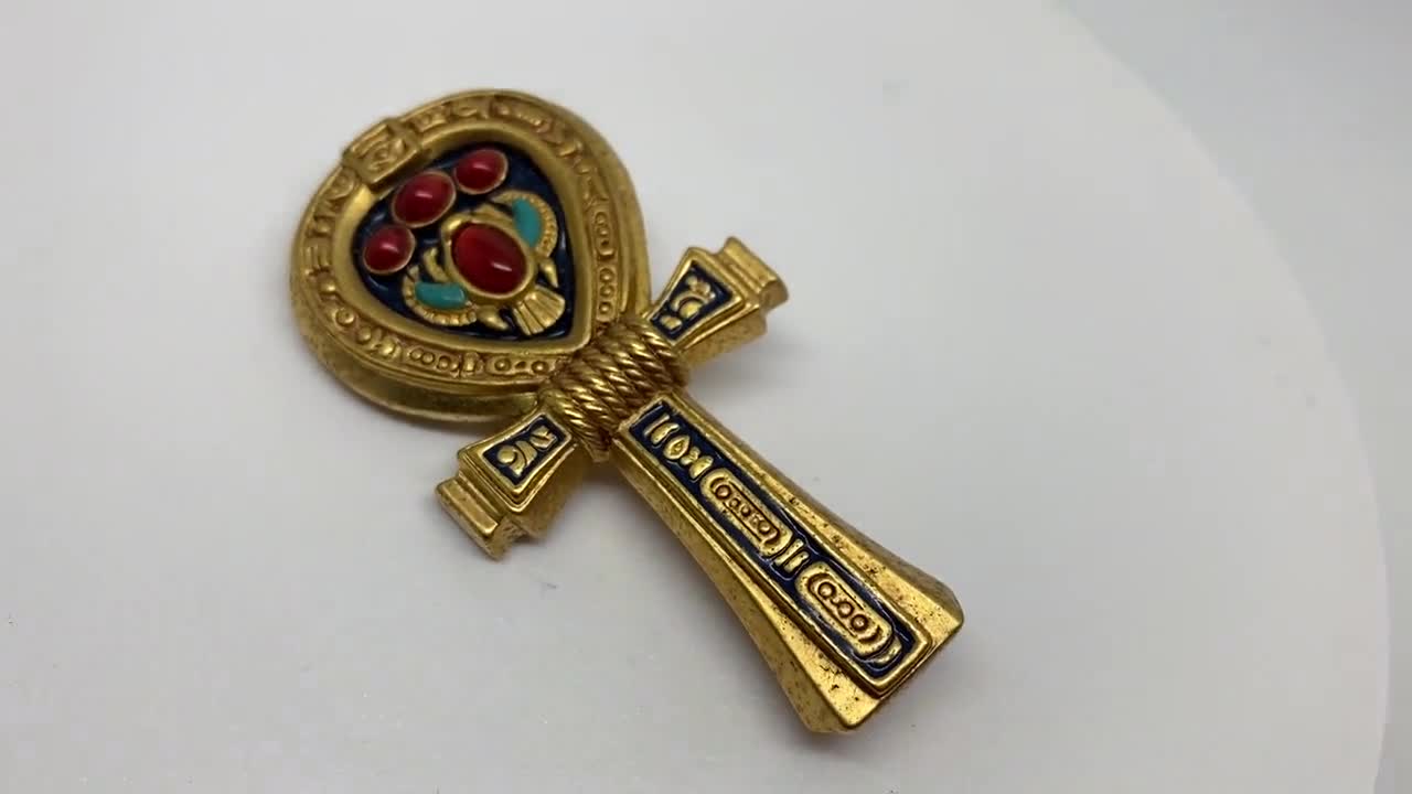 Broche Antique Égypte Pharaon Ankh - Franklin Mint - Bijou Vintage Ancien Avec Gripoix