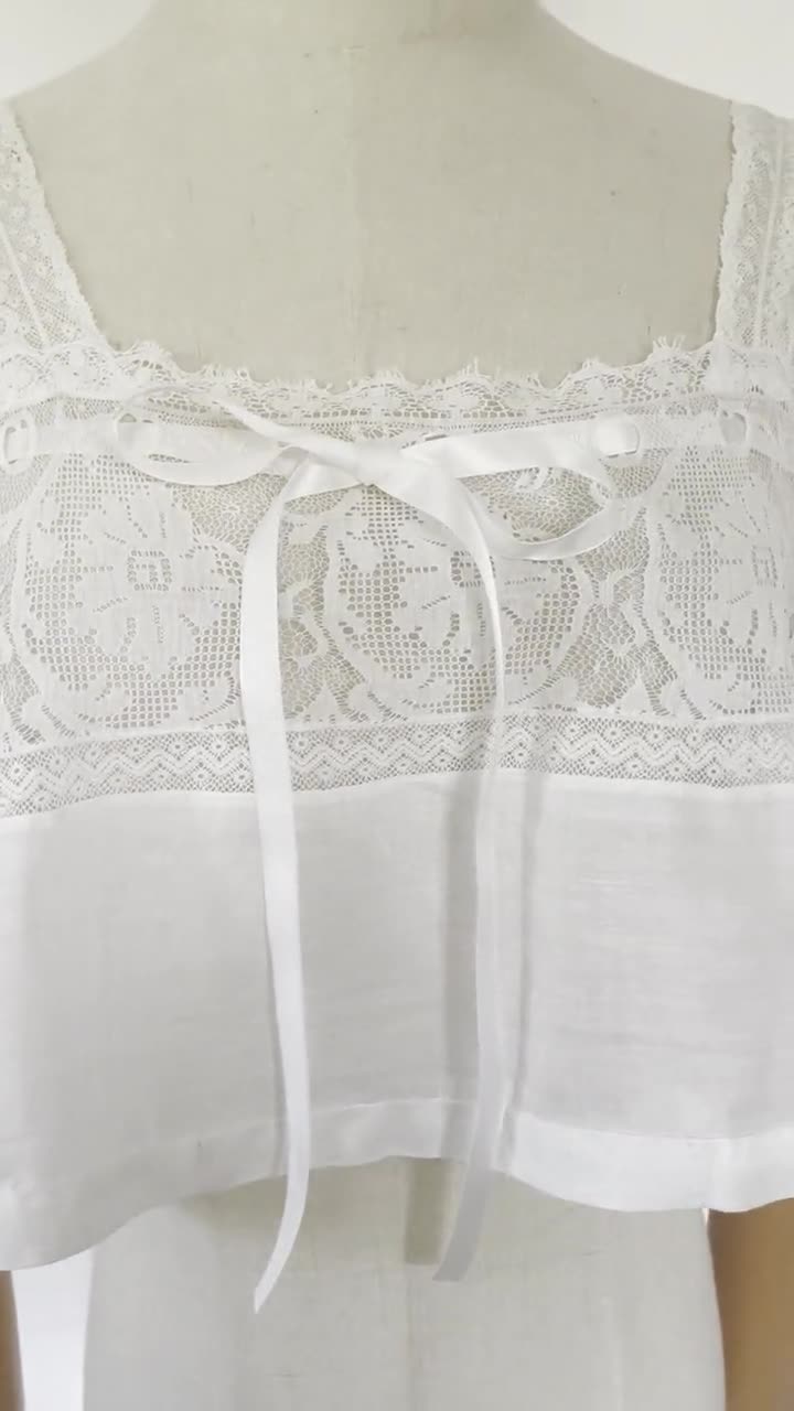 Antique 1910s Edwardian White Cotton and Floral Lace Bralet  