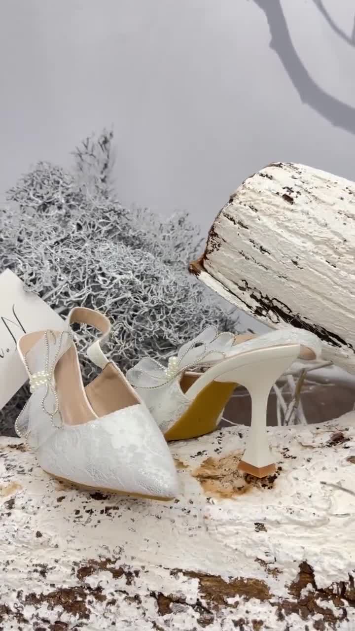 Lace Bridal Heels with Pearl Bow | Elegant Wedding Shoes video poster