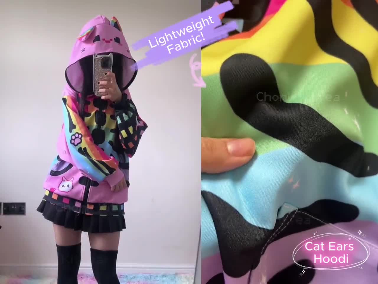 Harajuku Gamer Cat Ears Hoodie, Pastel Goth Lightweight Skeleton
