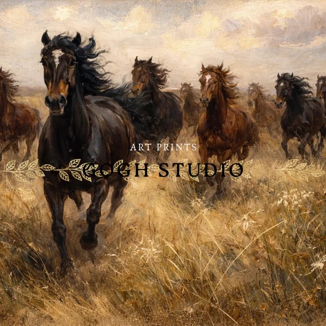 西洋の馬の絵画、馬の群れ、印刷可能な壁アート（デジタルダウンロード