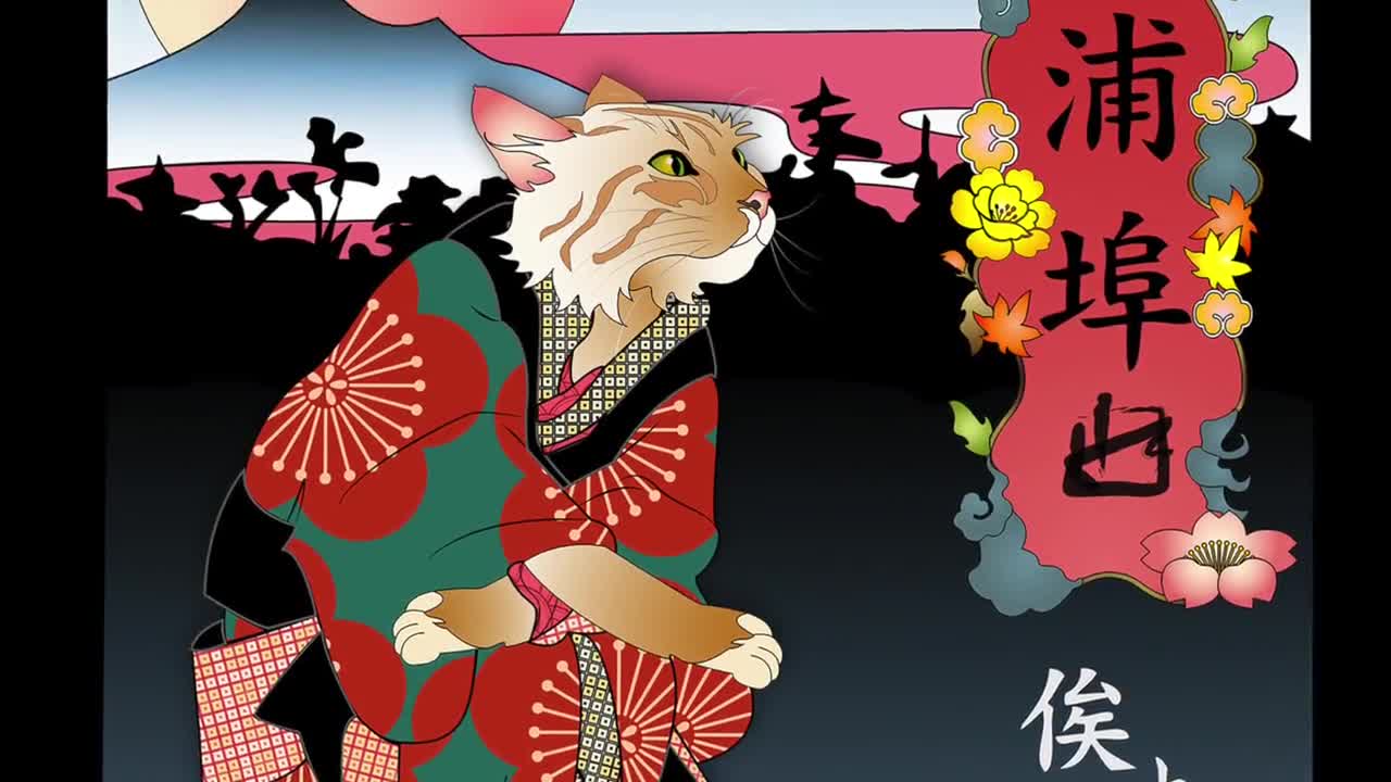 AWAITING SPRING, Metal Print, Wall Art, Cat, Print, Japanese, Kimono, Original Art Print, Cat Tales, Japanese culture, ukiyo-e, ginger cat 猫 video poster
