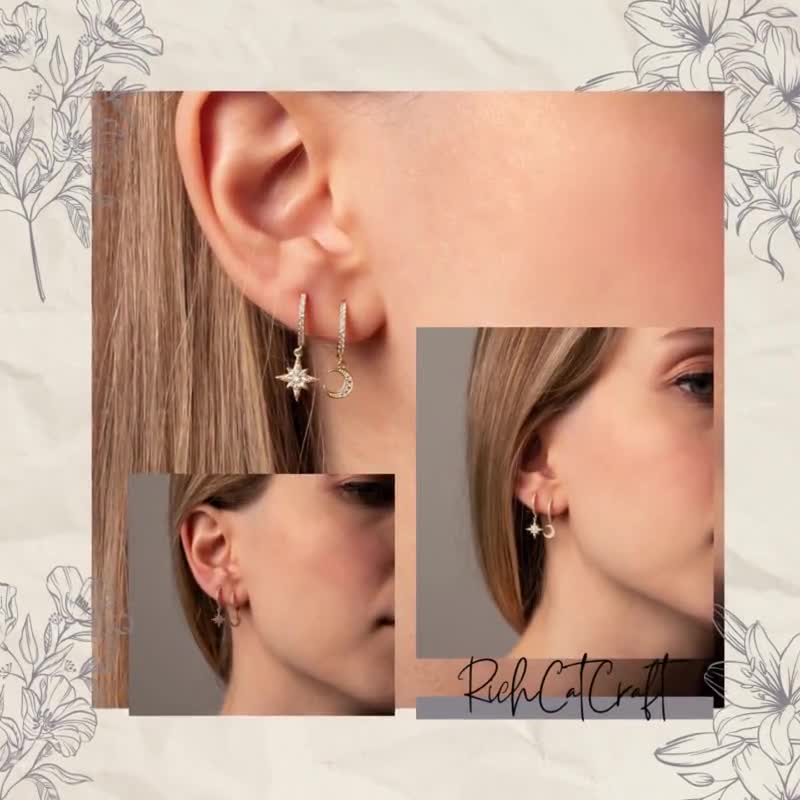 Half Moon Stud Earrings Sterling Silver Moon & Star Drop Earrings