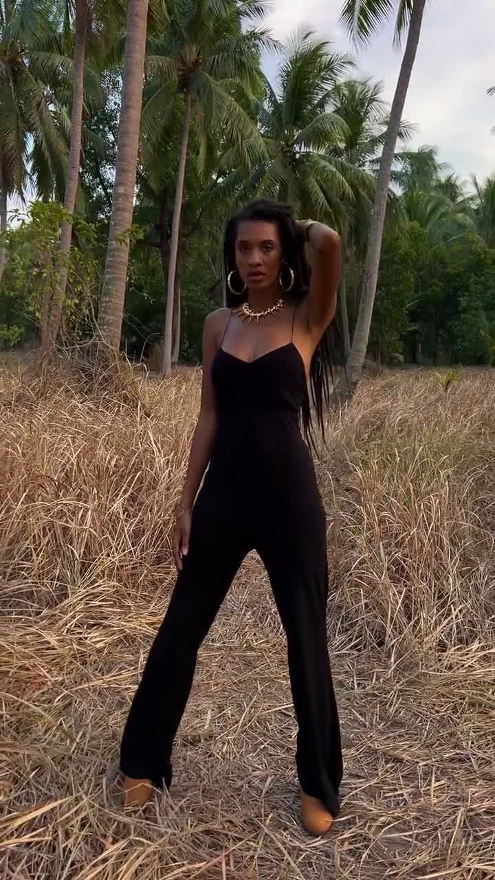 Women's Black Jumpsuit With Open Back – Adjustable Straps by