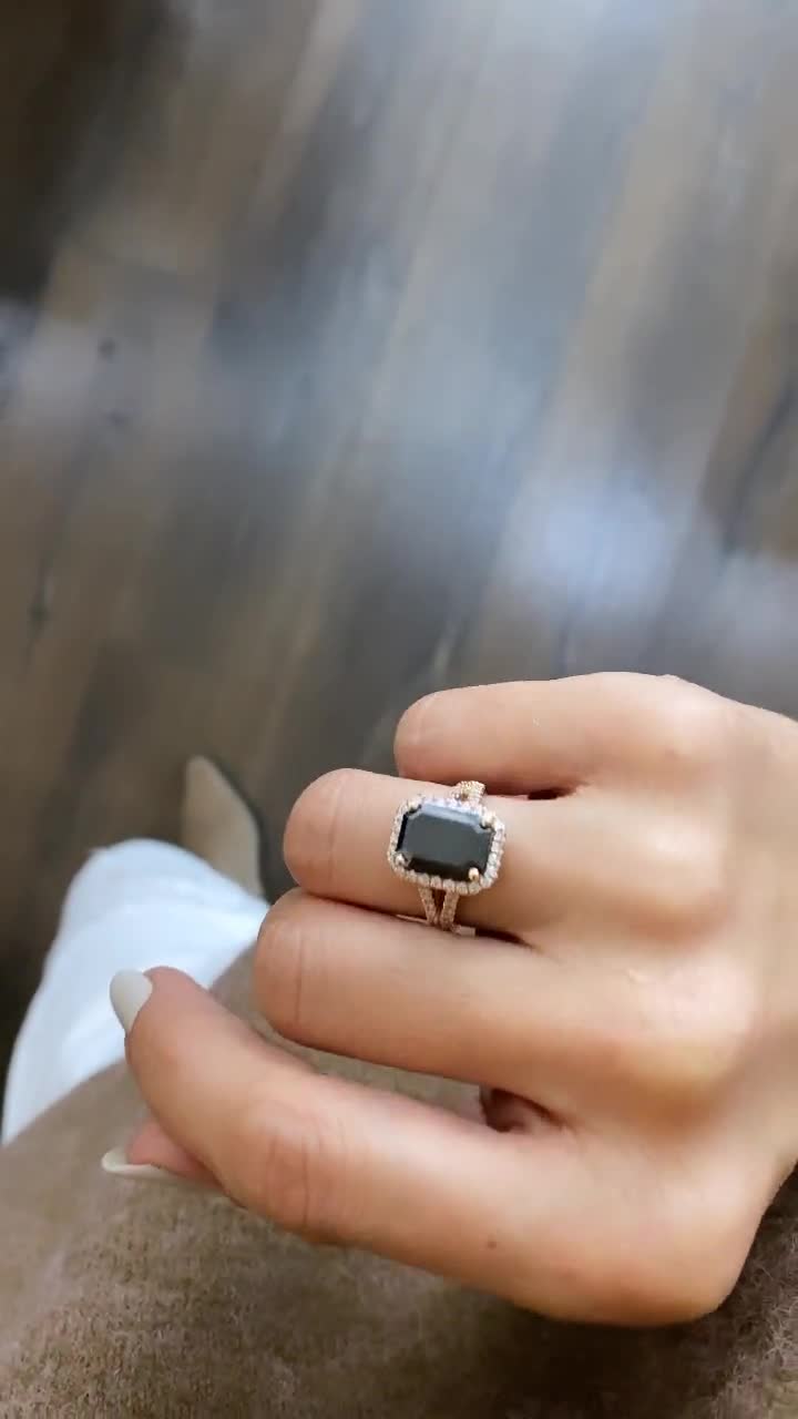 Amazon.com: Solitaire 2 CT Emerald Cut Black Diamond Ring 10K Rose Gold,  Four Claw Genuine Black Diamond Engagement Ring, Gothic Black Onyx Emerald  Ring,Black Vintage Ring, Moissanite Engagement Ring (8.5) : Handmade