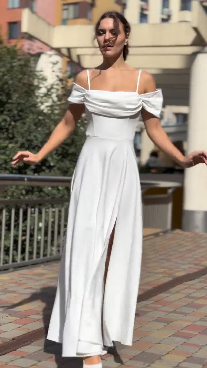 White Formal Maxi Dress with Draped Neckline and Side Slit for Bridal or  Engagement